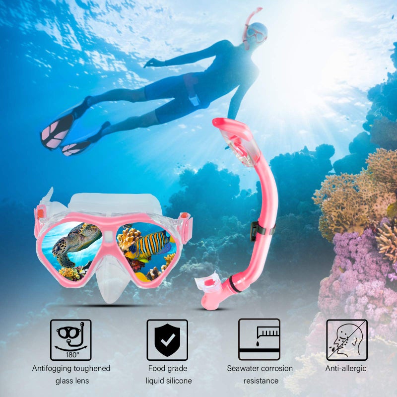 Aisrida Kids Snorkeling Set Children Mask Fin Snorkel Set Snorkeling Gear Snorkel Mask + Adjustable Swimming Kids Flippers+ Dry Snorkel Tube + Travel Bags (Pink) - Image 2